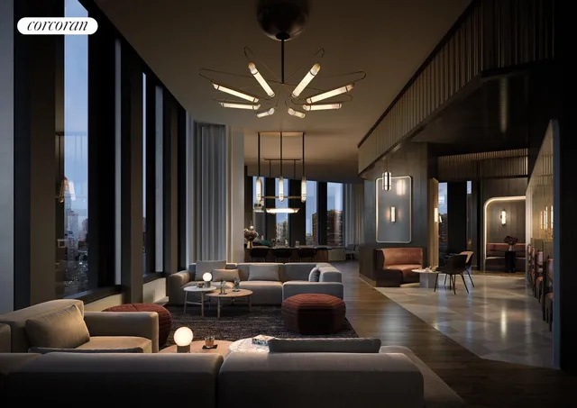 a living room with furniture and a floor to ceiling window