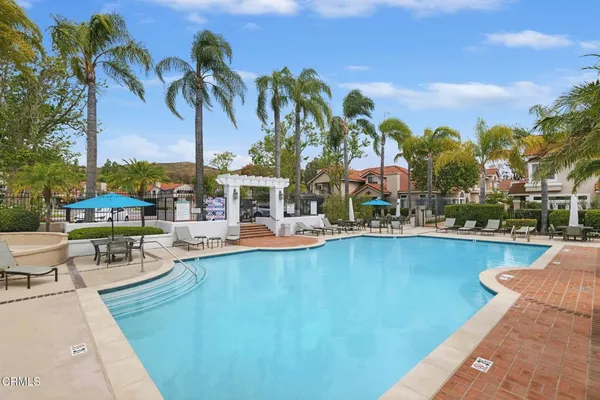 a view of a swimming pool with a lawn chairs under palm trees