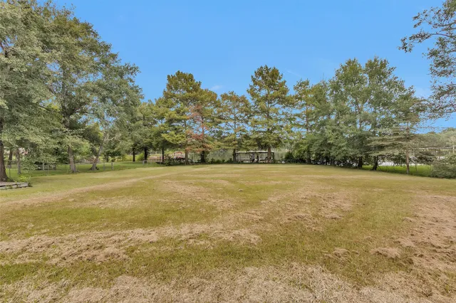 a view of yard with large trees