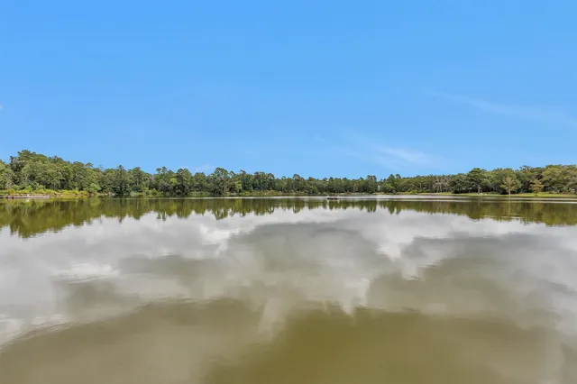 a view of a lake with houses in the back