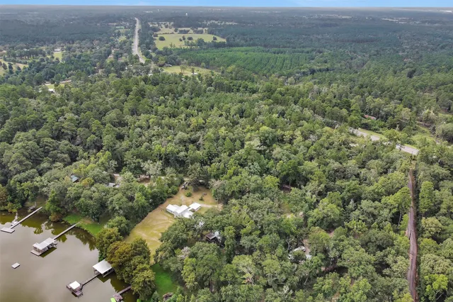an aerial view of residential houses with outdoor space and trees