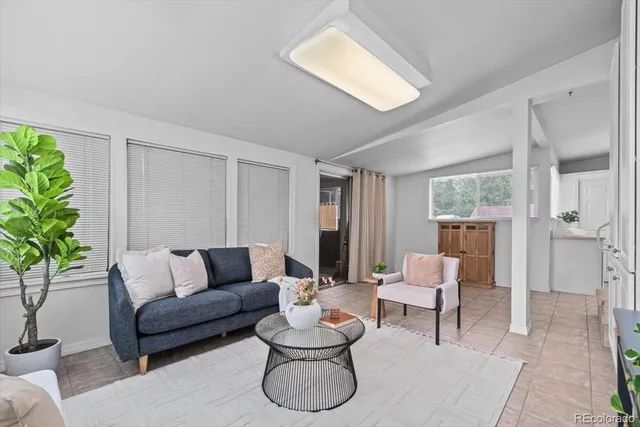 a living room with furniture and a potted plant