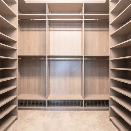 a view of a room with shelves on the wall