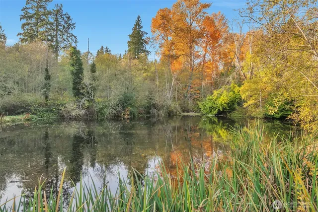 a view of lake with a house in background