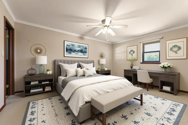 a large bedroom with a bed and a chandelier