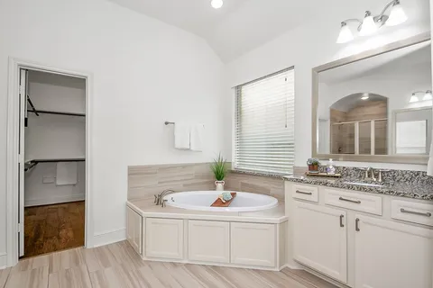 a bathroom with a granite countertop sink a mirror and a shower