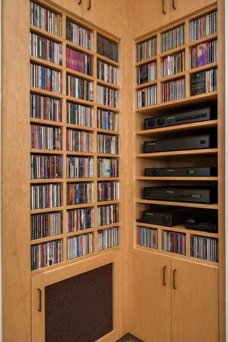 a view of a book shelf with lots of windows