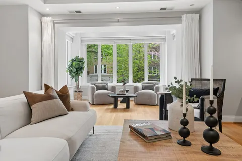 a living room with furniture potted plant and a window