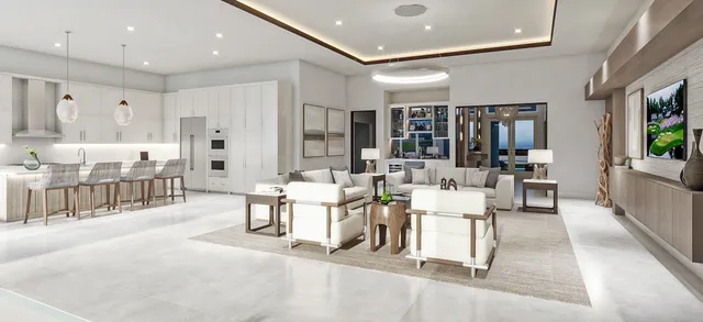 a living room with lots of furniture and white walls