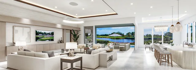 a living room with fireplace furniture and a large window