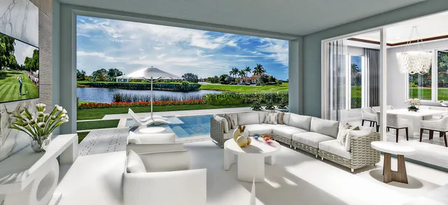 a living room with patio furniture and a garden