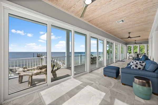 a living room with furniture and a floor to ceiling window