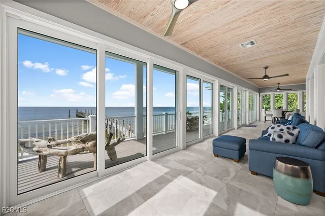 a living room with furniture and a floor to ceiling window