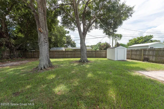 a view of a house with backyard and a tree