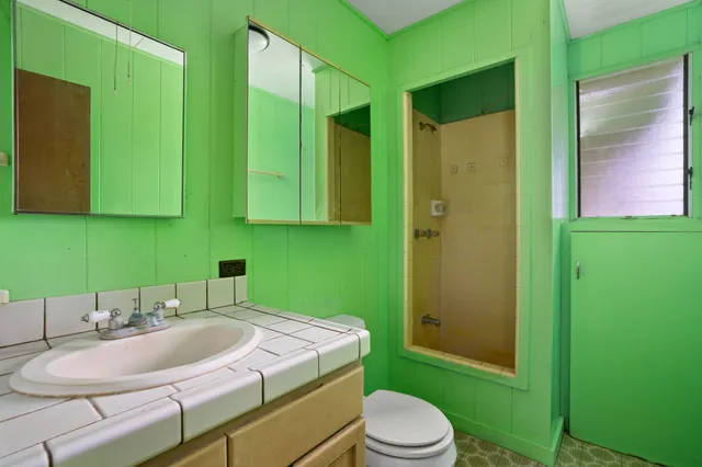 a bathroom with a sink a toilet and a mirror