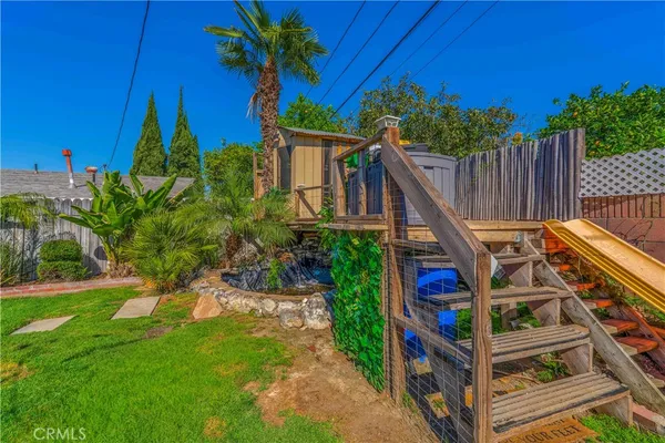 a view of deck with a palm tree