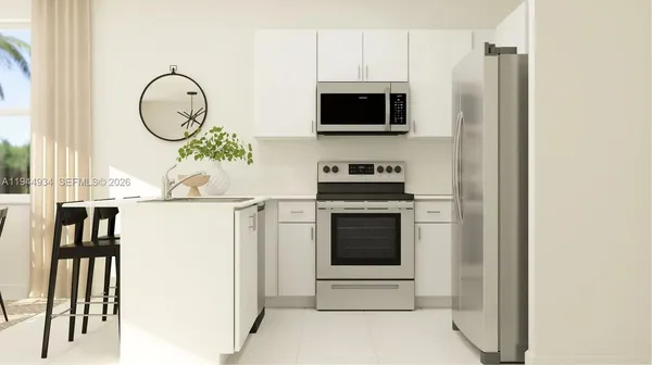 a view of a palm trees front of house with a fountain