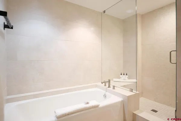 a bathroom with a bathtub and a shower
