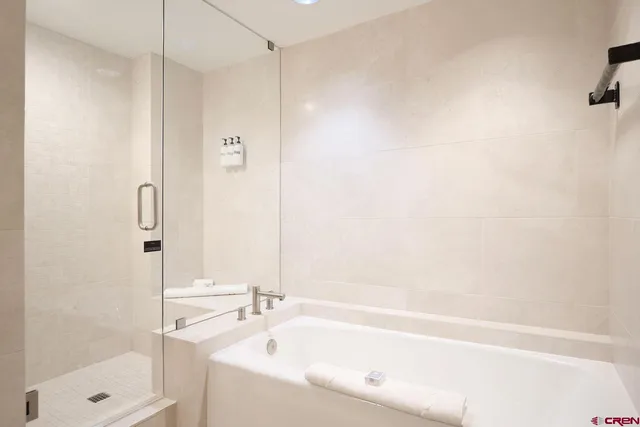 a bathroom with a bathtub and a shower