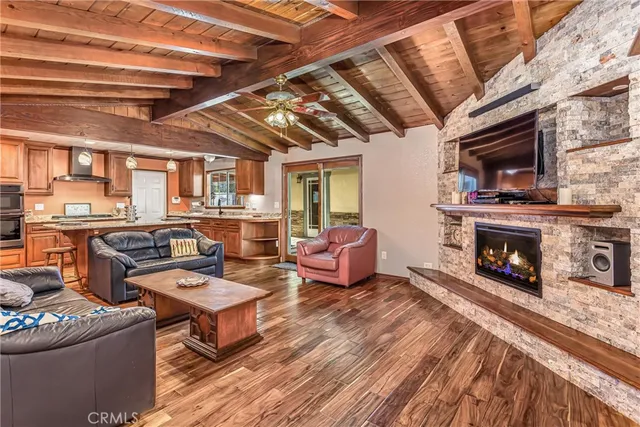 a living room with fireplace furniture and a fireplace