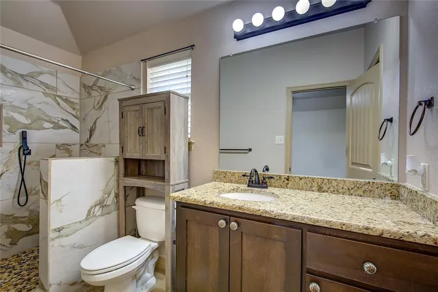 a bathroom with a granite countertop sink toilet and shower
