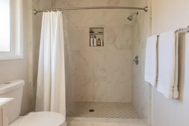 a bathroom with a shower and a toilet