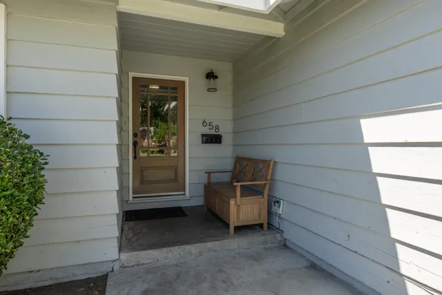a view of a bench in the room