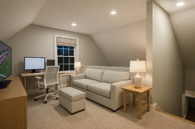 a living room with furniture a lamp and a window