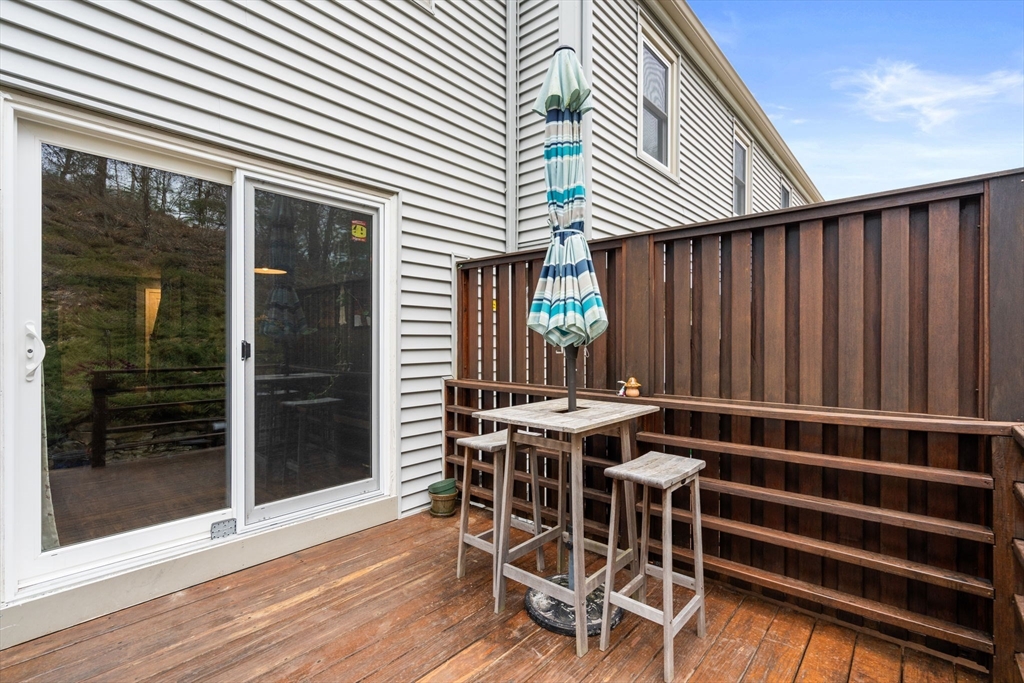 12 Oak Ridge Drive, Unit 3 Maynard, MA 01754 - Photo 26 of 34 a view of a patio with table and chairs with wooden floor and fence