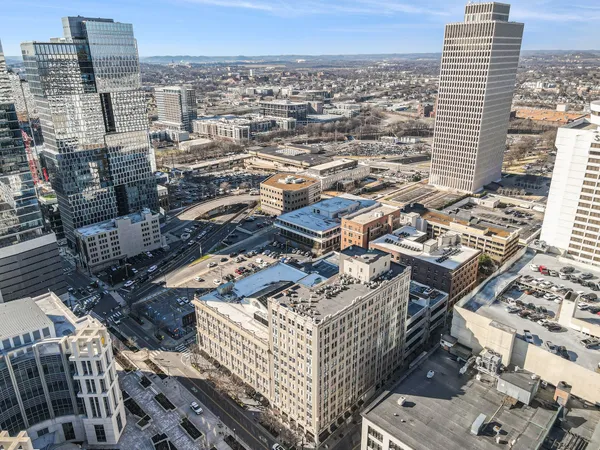 a city view with tall buildings