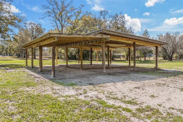 a view of dirt yard with a large tree