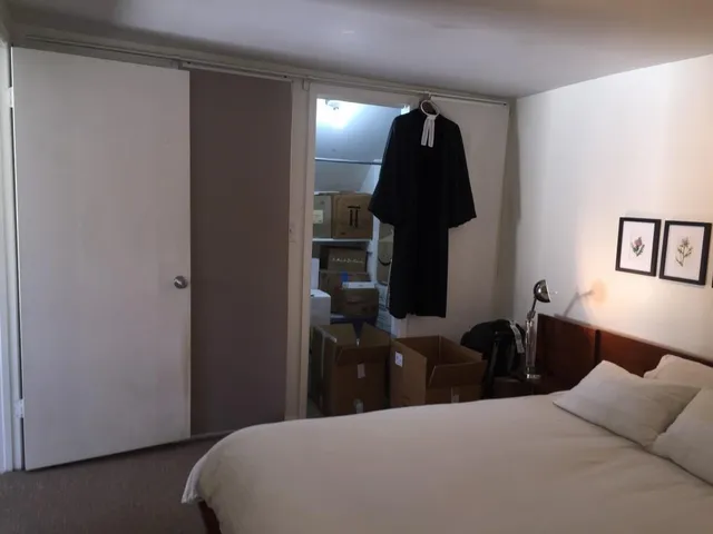 a bed room with a bed and a closet
