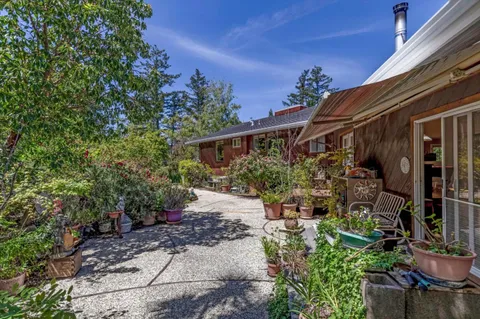 a view of a house with potted plants
