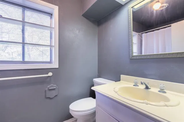a bathroom with a sink a toilet and mirror