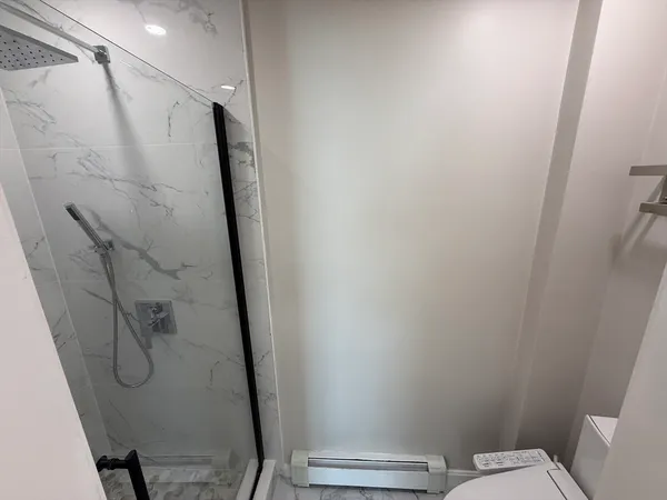 a bathroom with a shower and toilet