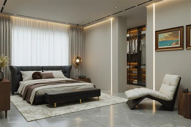 a bedroom with a large bed and a night stand