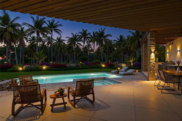 a view of swimming pool with lawn chairs and a patio