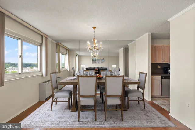 a dining room with furniture a rug and a chandelier