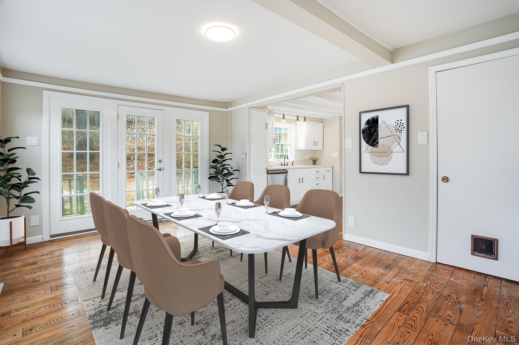 14 Old Rte 55 Pawling, NY 12564 - Photo 13 of 27 Dining space with light wood-type flooring, beamed ceiling, and french doors