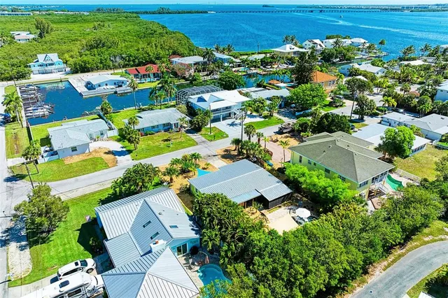 an aerial view of a house with a garden