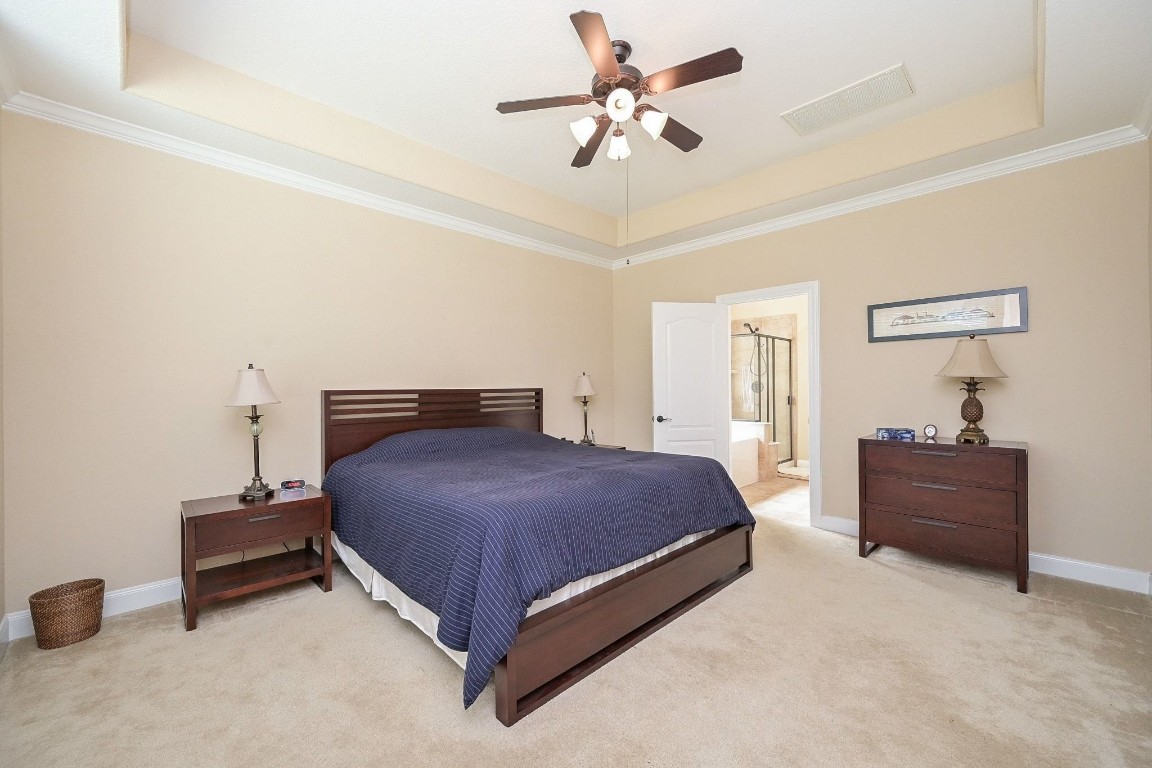 107 North Bacopa Drive Spring, TX 77389 - Photo 19 of 34 Private primary bedroom with a tray ceiling and ceiling fan, offering a relaxing retreat with direct access to the ensuite bath.