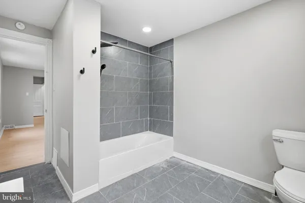 a bathroom with a bathtub and a toilet