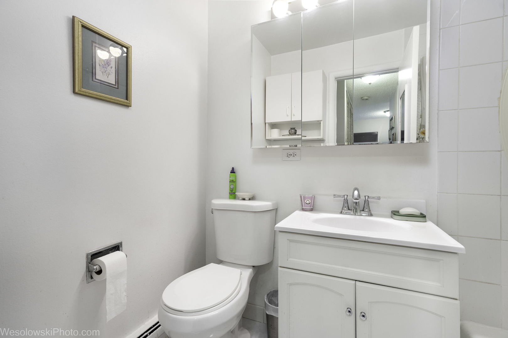 9209 Potter Road, Unit 2F Des Plaines, IL 60016 - Photo 17 of 25 a bathroom with a toilet sink vanity and mirror