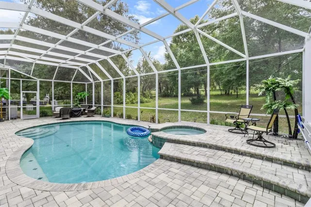 a view of swimming pool with lawn chairs and a barbeque