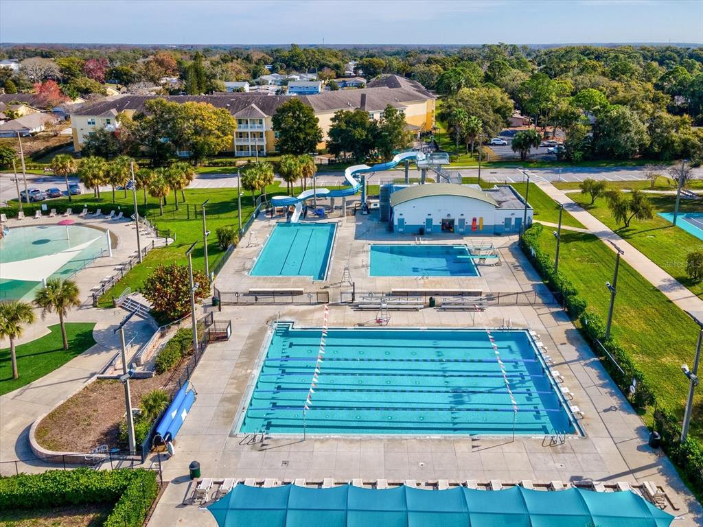 7114 Carlow Street New Port Richey, FL 34653 - Photo 49 of 65 an aerial view of a swimming pool with a yard and lake view