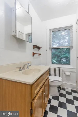 a bathroom with a sink a toilet and a mirror