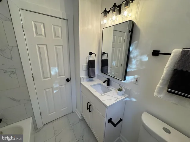 a bathroom with a sink a toilet and mirror