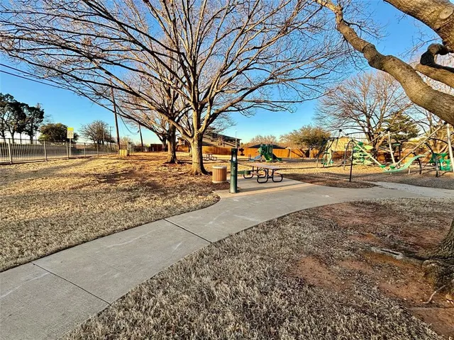 a street view with large trees