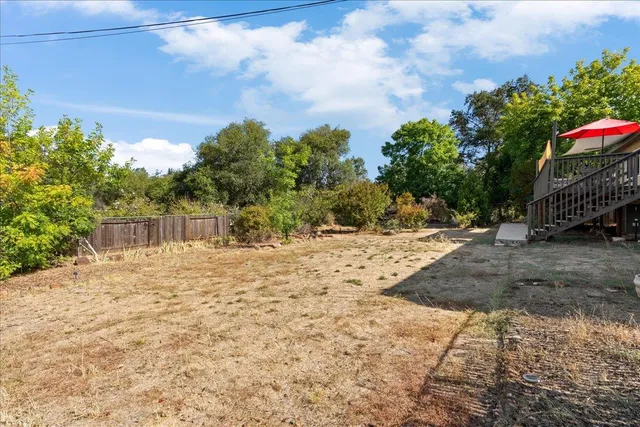 a backyard of a house with a tree
