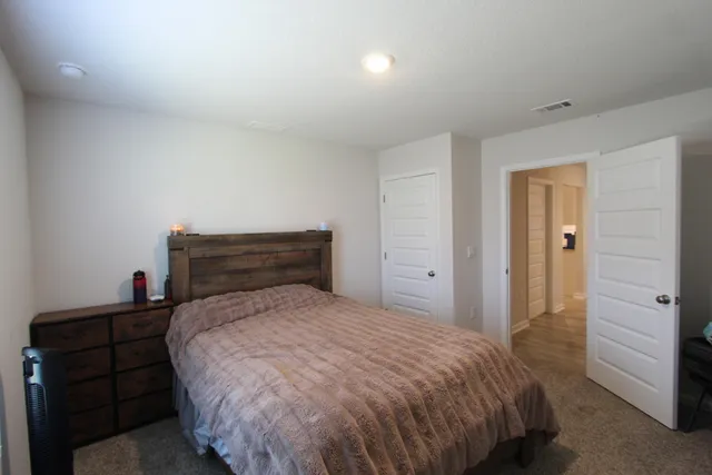 a bedroom with a bed and a closet